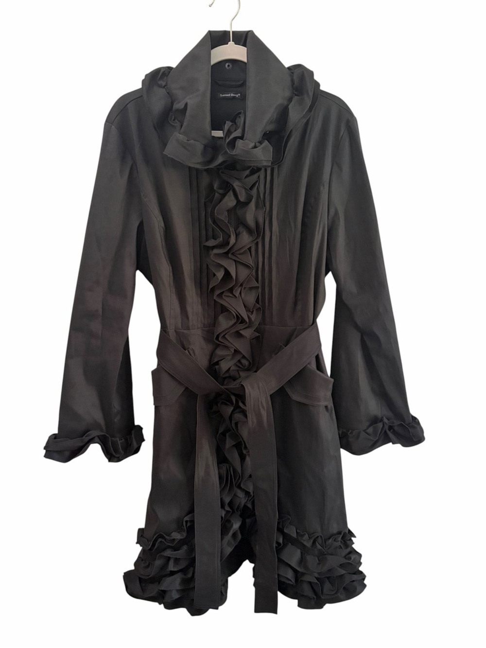 Samuel Dong Avant Garde Black Ruffled Tie Waist Zip Front Trench Coat No Size